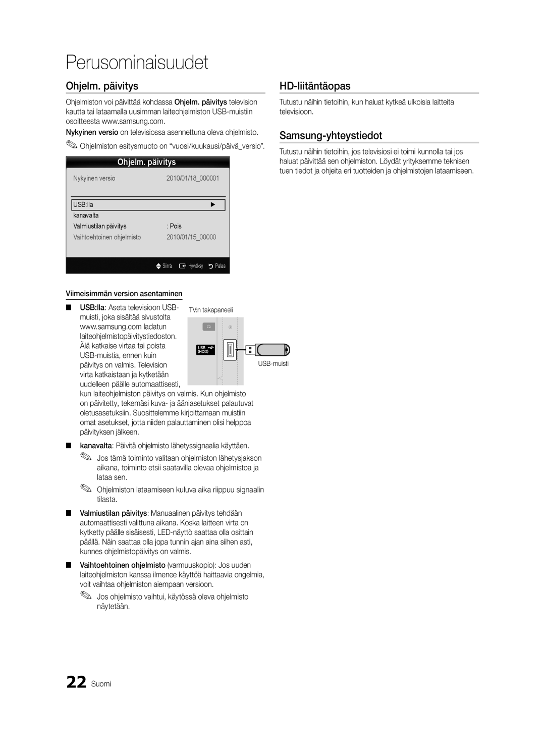 Samsung UE22C4000PWXZG, UE26C4000PWXZG, UE22C4010PWXZG manual Ohjelm. päivitys, HD-liitäntäopas, Samsung-yhteystiedot 