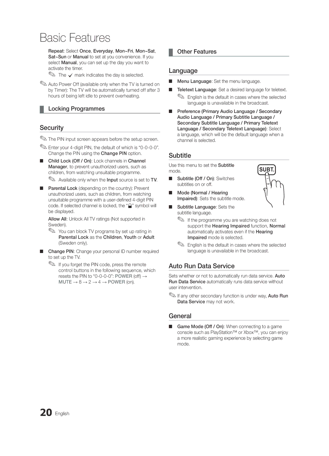 Samsung UE22C4010PWXZG, UE26C4000PWXZG, UE22C4000PWXZG manual Security, Language, Subtitle, Auto Run Data Service, General 