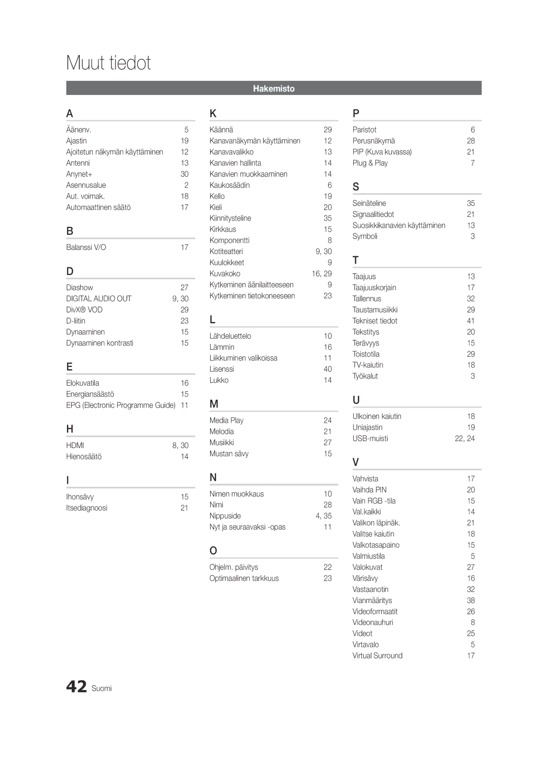 Samsung UE26C4000PWXXC, UE26C4000PWXZG manual Hakemisto, Äänenv Ajastin, Hienosäätö Ihonsävy Itsediagnoosi Suomi Käännä 