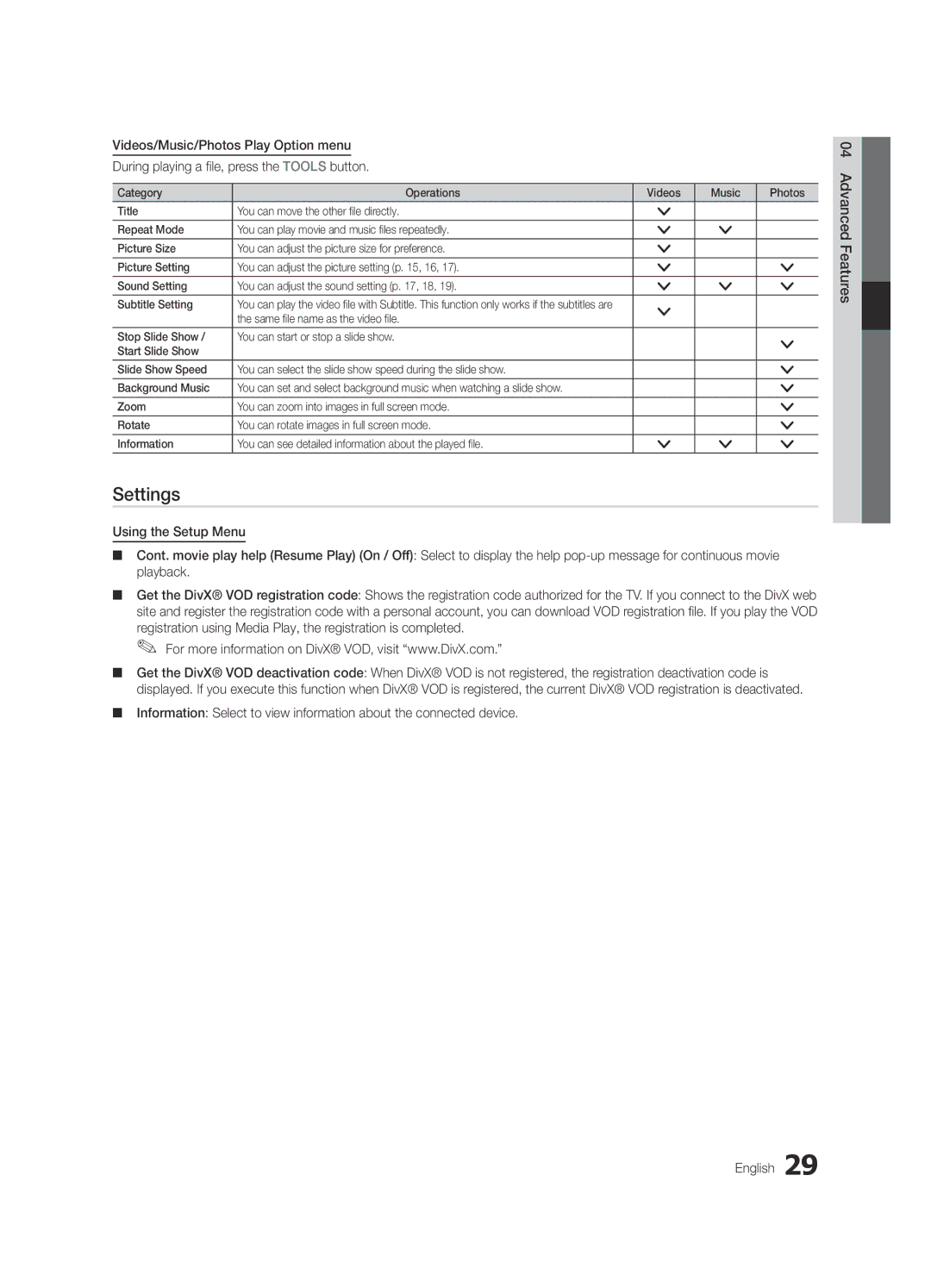 Samsung UE22C4010PWXZG manual Settings, Videos/Music/Photos Play Option menu, Press the Tools button, During playing a file 