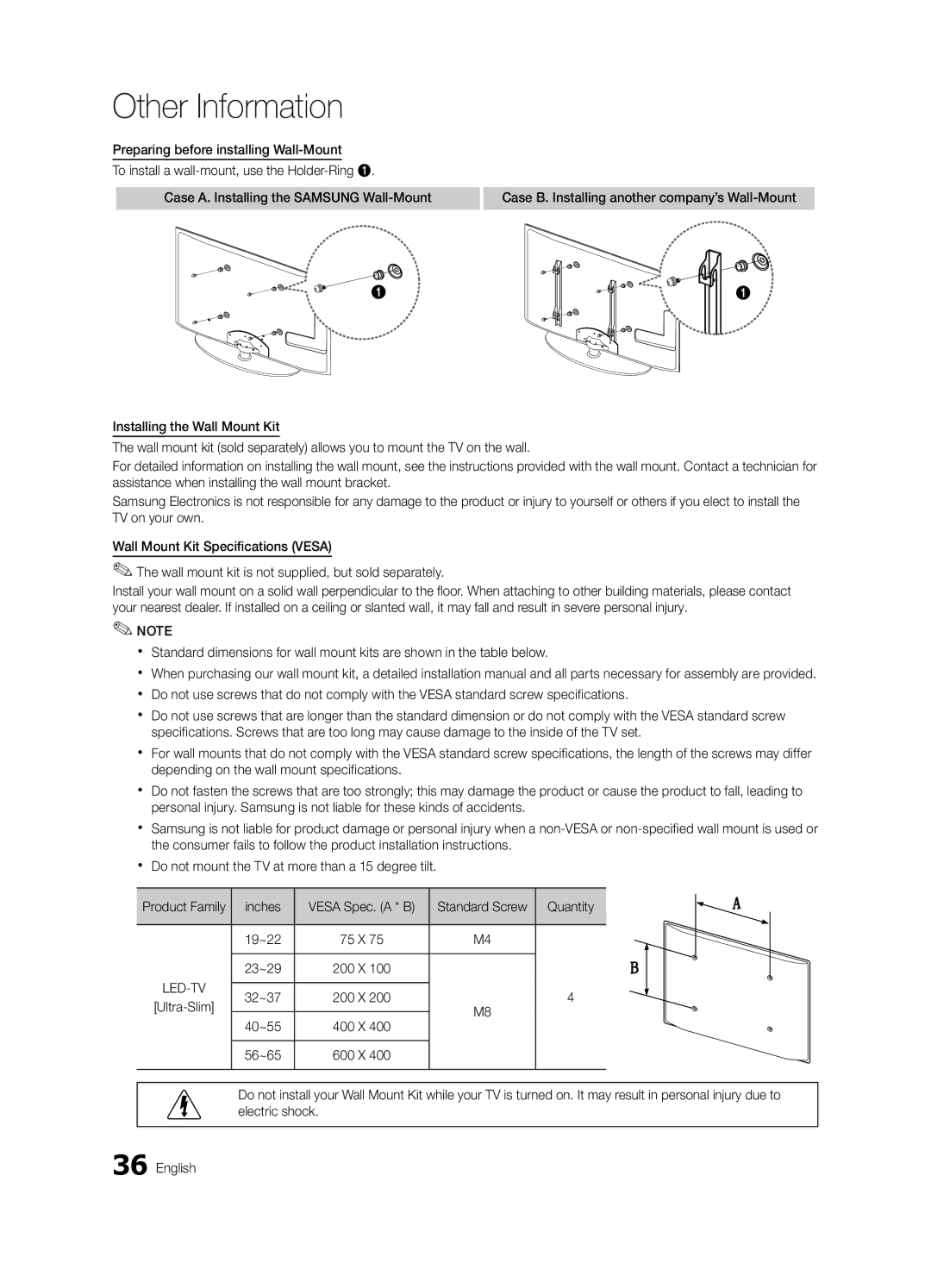 Samsung UE26C4000PWXZG, UE22C4000PWXZG, UE22C4010PWXZG, UE26C4000PWXXC manual Quantity, 19~22, 23~29, 32~37, 40~55, 56~65 