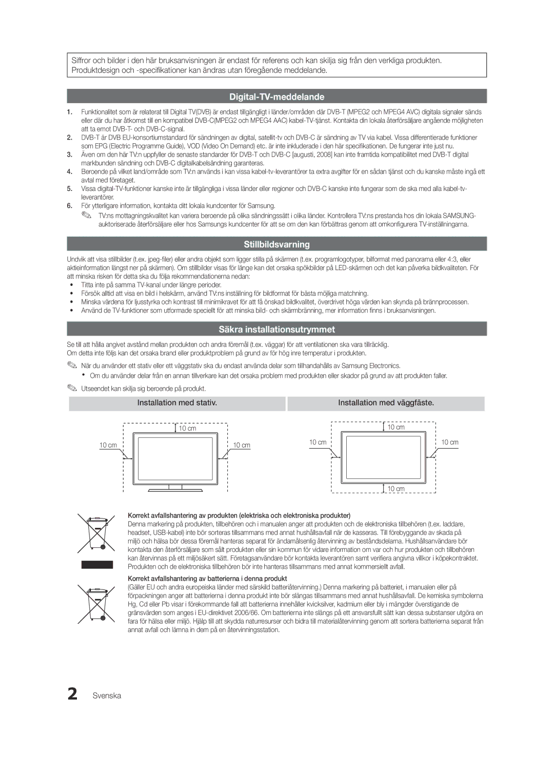 Samsung UE22C4005PWXXE, UE26C4000PWXZG, UE22C4000PWXZG manual Installation med stativ Installation med väggfäste, Svenska 