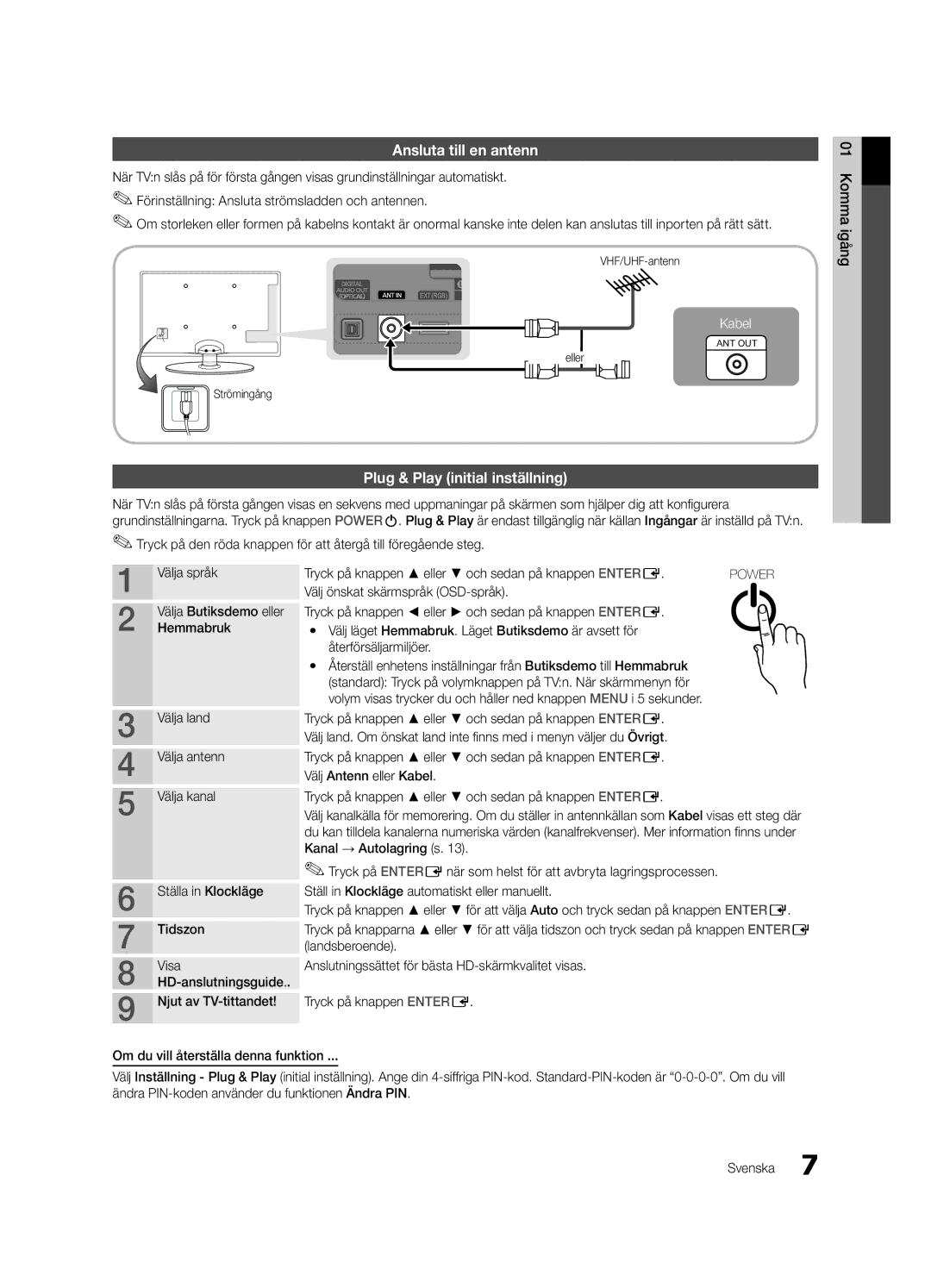 Samsung UE22C4000PWXXH, UE26C4000PWXZG, UE22C4000PWXZG manual Ansluta till en antenn, Plug & Play initial inställning 