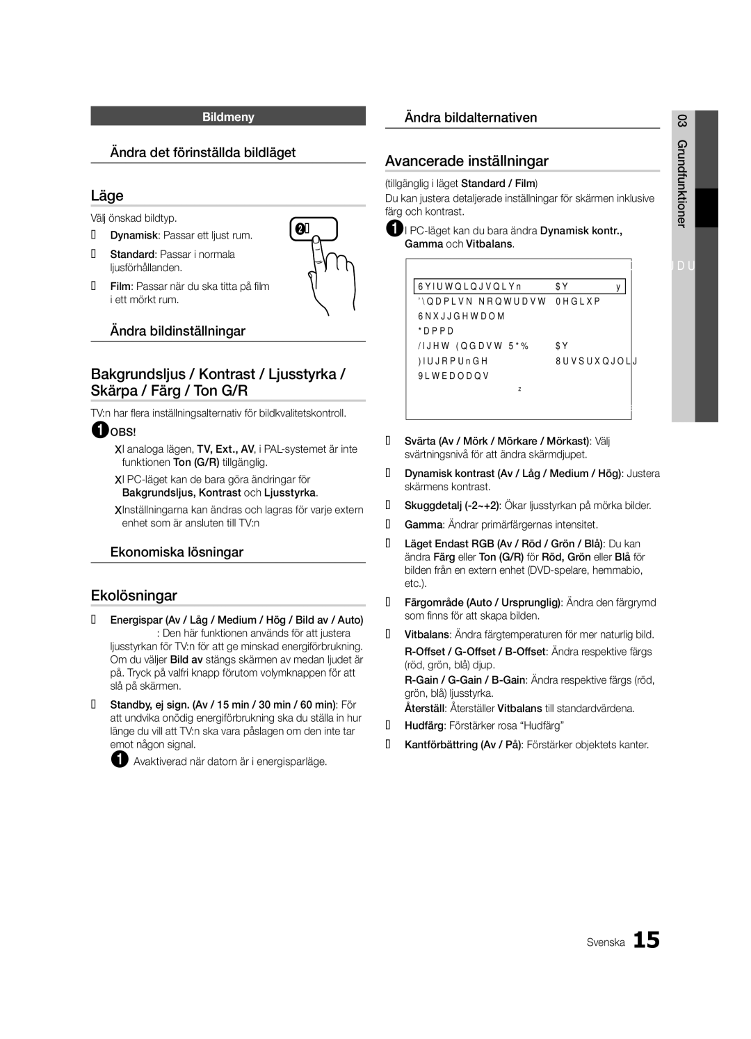 Samsung UE26C4000PWXXC, UE26C4000PWXZG, UE22C4000PWXZG, UE22C4010PWXZG manual Läge, Ekolösningar, Avancerade inställningar 