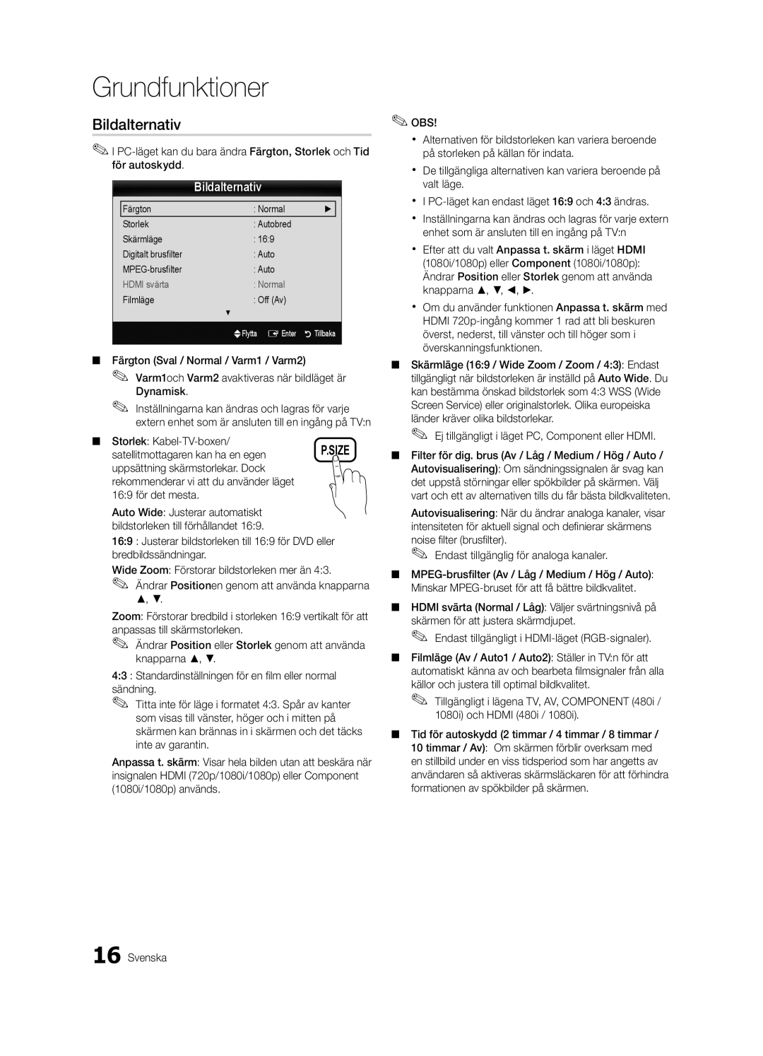 Samsung UE22C4000PWXXH manual Bildalternativ, Storlek Kabel-TV-boxen, Satellitmottagaren kan ha en egen, Filmläge Off Av 