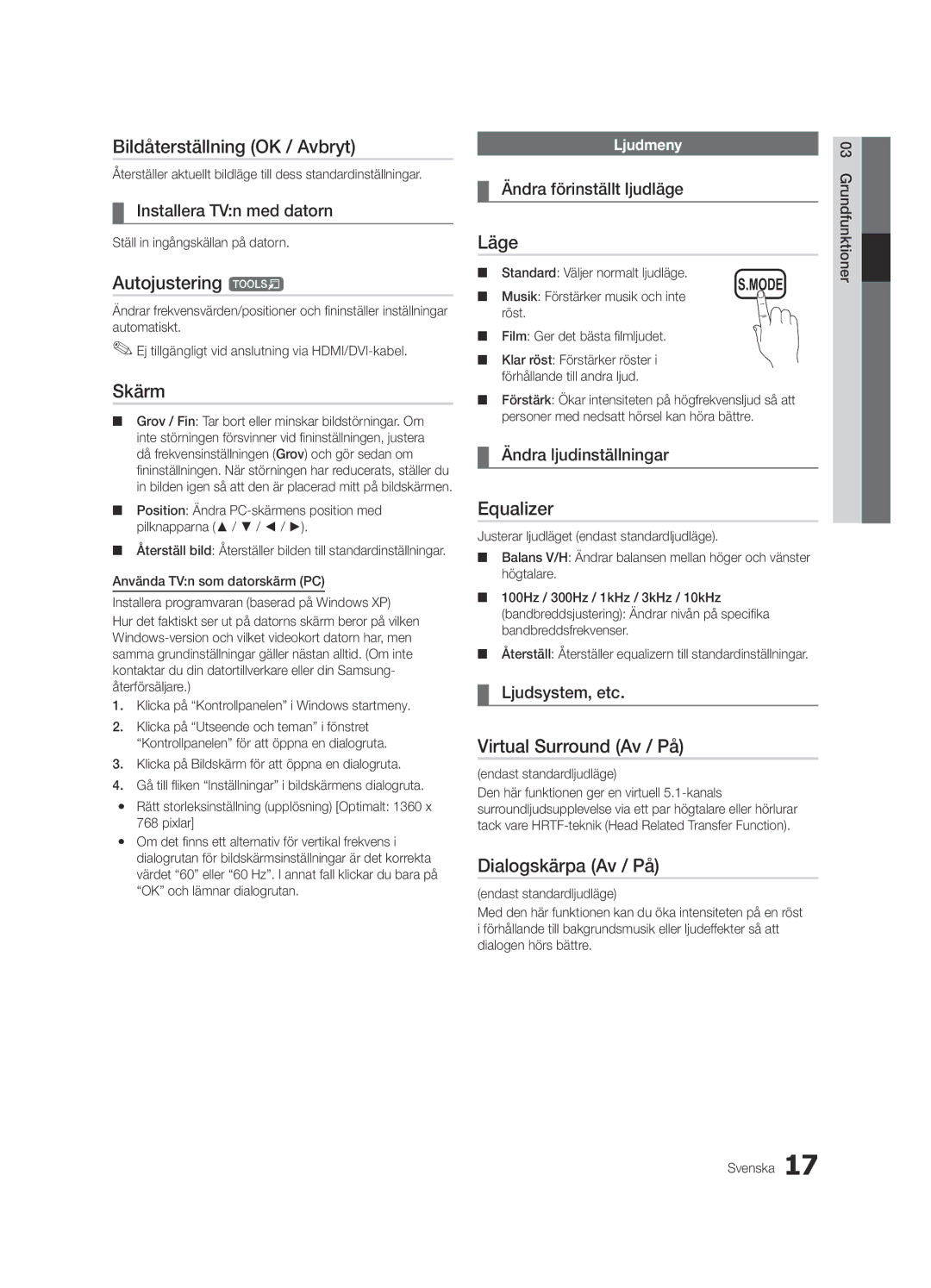 Samsung UE26C4000PWXXH, UE26C4000PWXZG Bildåterställning OK / Avbryt, Autojustering t, Skärm, Virtual Surround Av / På 