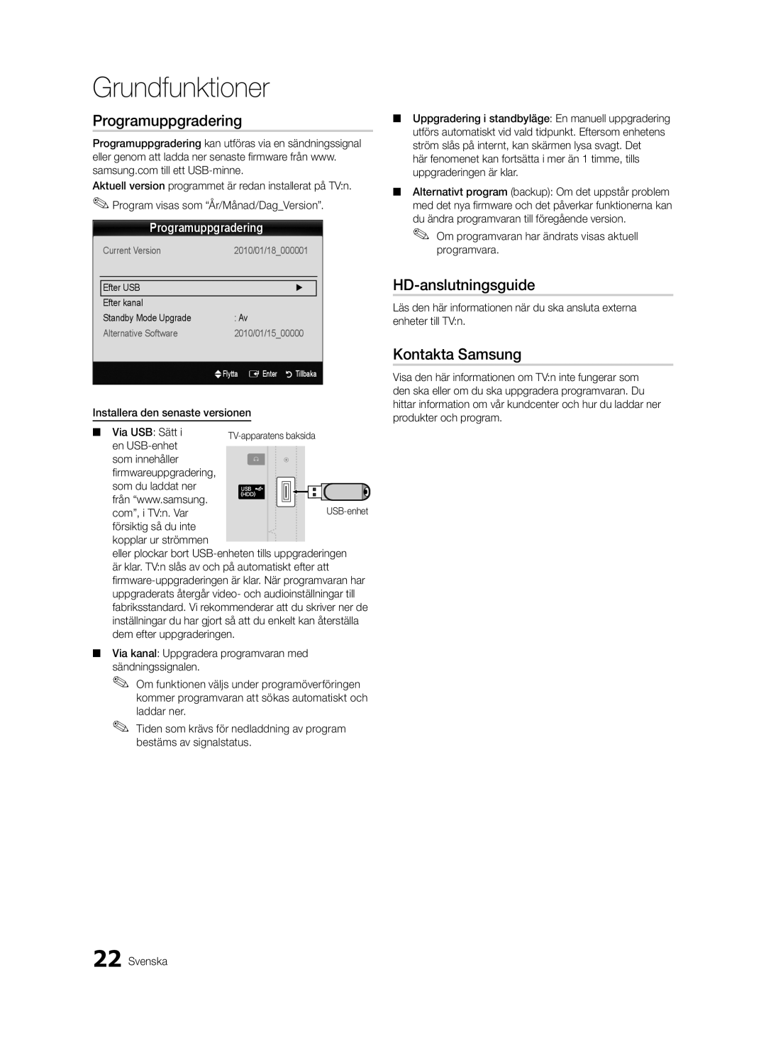 Samsung UE22C4000PWXZG, UE26C4000PWXZG, UE22C4010PWXZG manual Programuppgradering, HD-anslutningsguide, Kontakta Samsung 