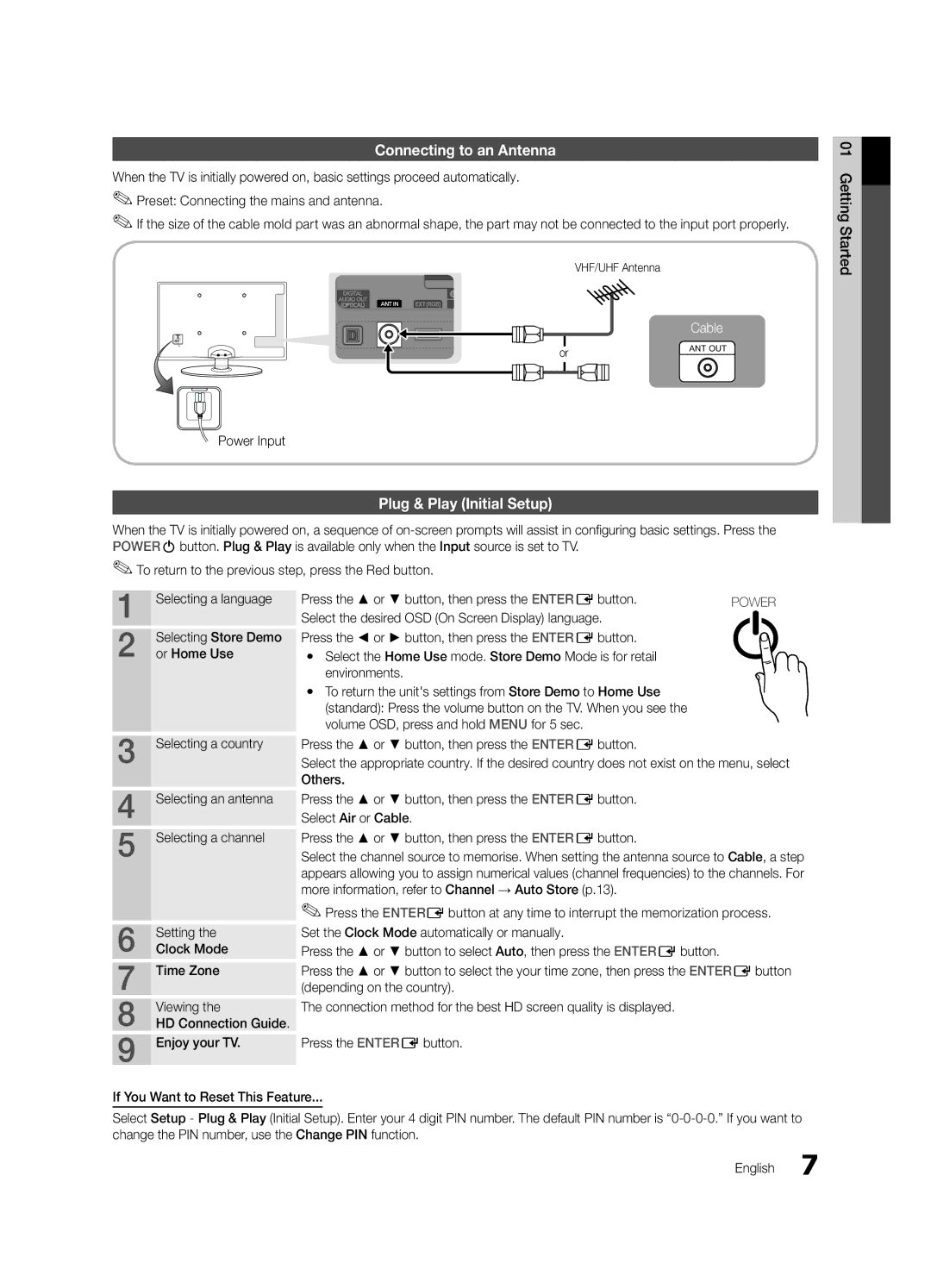 Samsung UE22C4015PWXXE, UE26C4000PWXZG, UE22C4000PWXZG, UE22C4010PWXZG Connecting to an Antenna, Plug & Play Initial Setup 