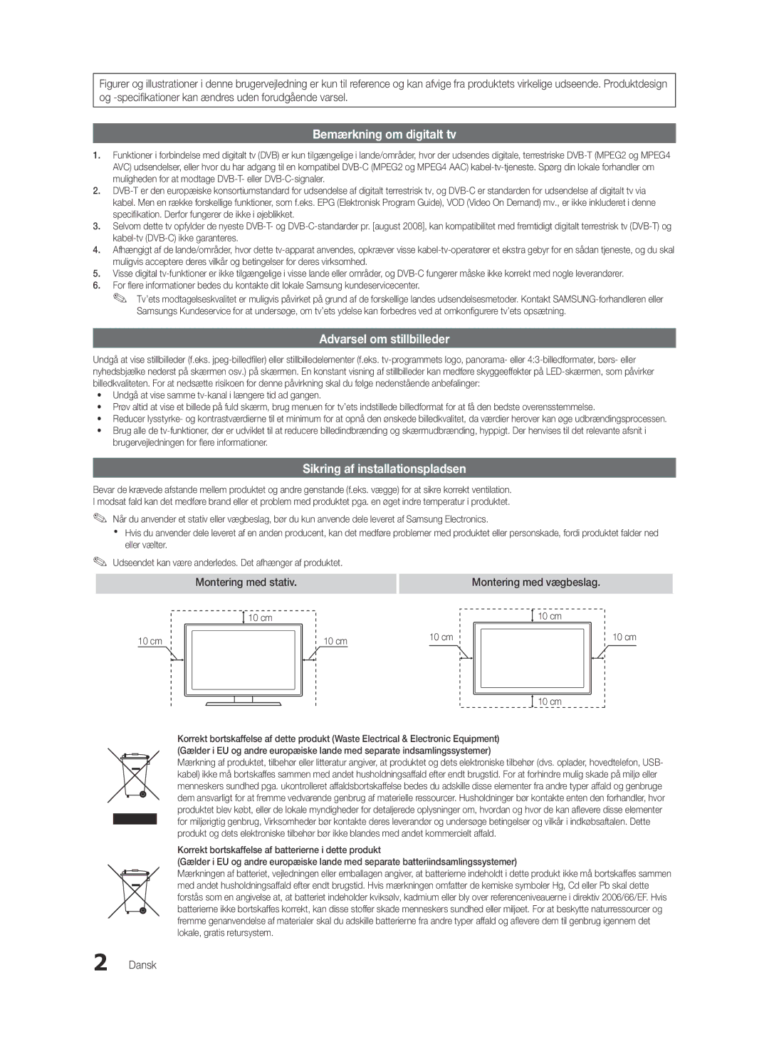 Samsung UE26C4000PWXXH, UE26C4000PWXZG, UE22C4000PWXZG, UE22C4010PWXZG, UE26C4000PWXXC manual Montering med vægbeslag, Dansk 