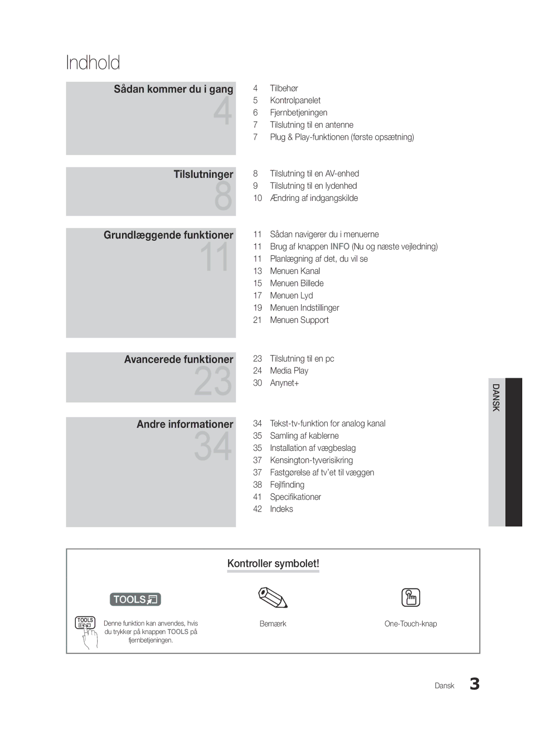 Samsung UE26C4005PWXXE manual Indhold, Kontroller symbolet, Fastgørelse af tv’et til væggen, Bemærk, One-Touch-knap 