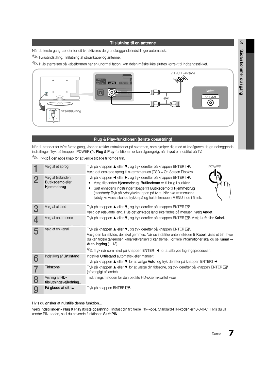 Samsung UE22C4000PWXZG, UE26C4000PWXZG Tilslutning til en antenne, Plug & Play-funktionen første opsætning, Hjemmebrug 