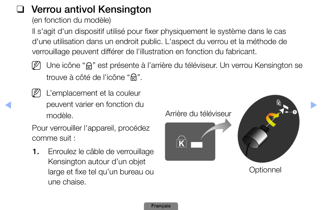 Samsung UE26D4003BWXZF, UE26D4003BWXXC, UE19D4003BWXZF, UE22D5003BWXZF manual Verrou antivol Kensington, En fonction du modèle 