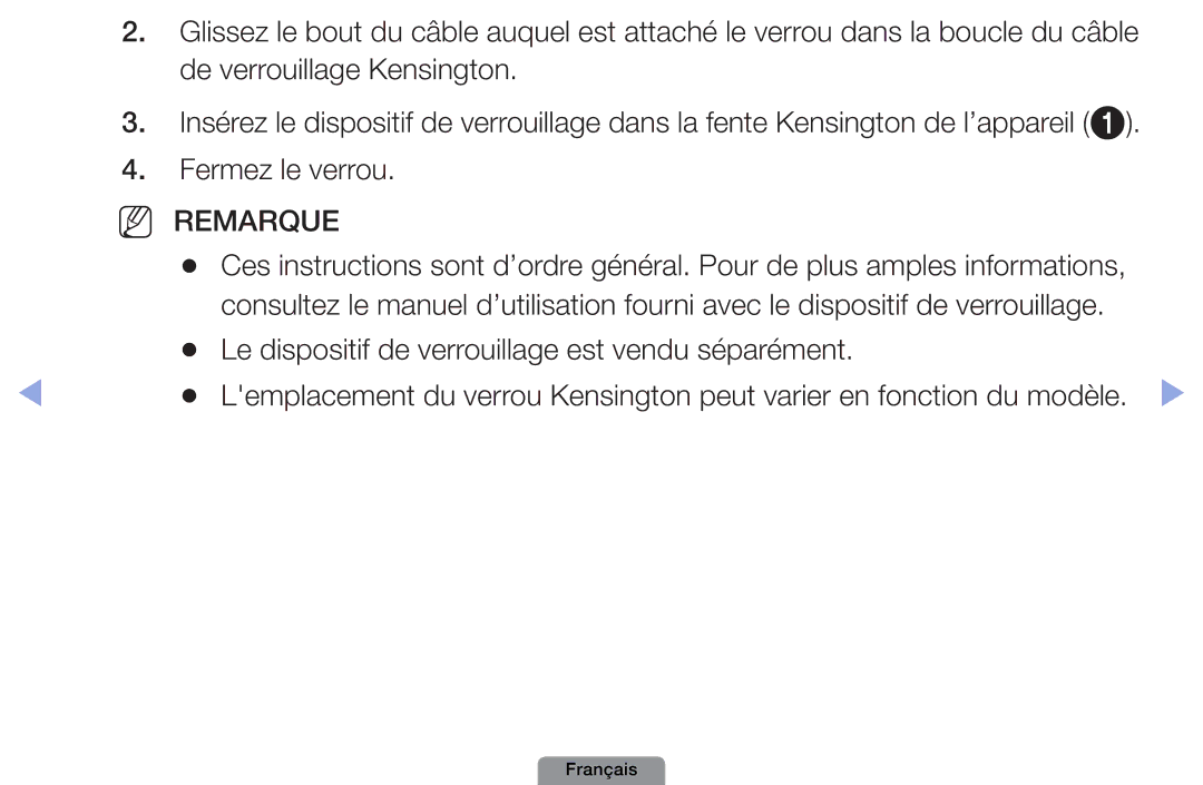 Samsung UE22D5003BWXZF, UE26D4003BWXXC, UE19D4003BWXZF, UE26D4003BWXZF Le dispositif de verrouillage est vendu séparément 