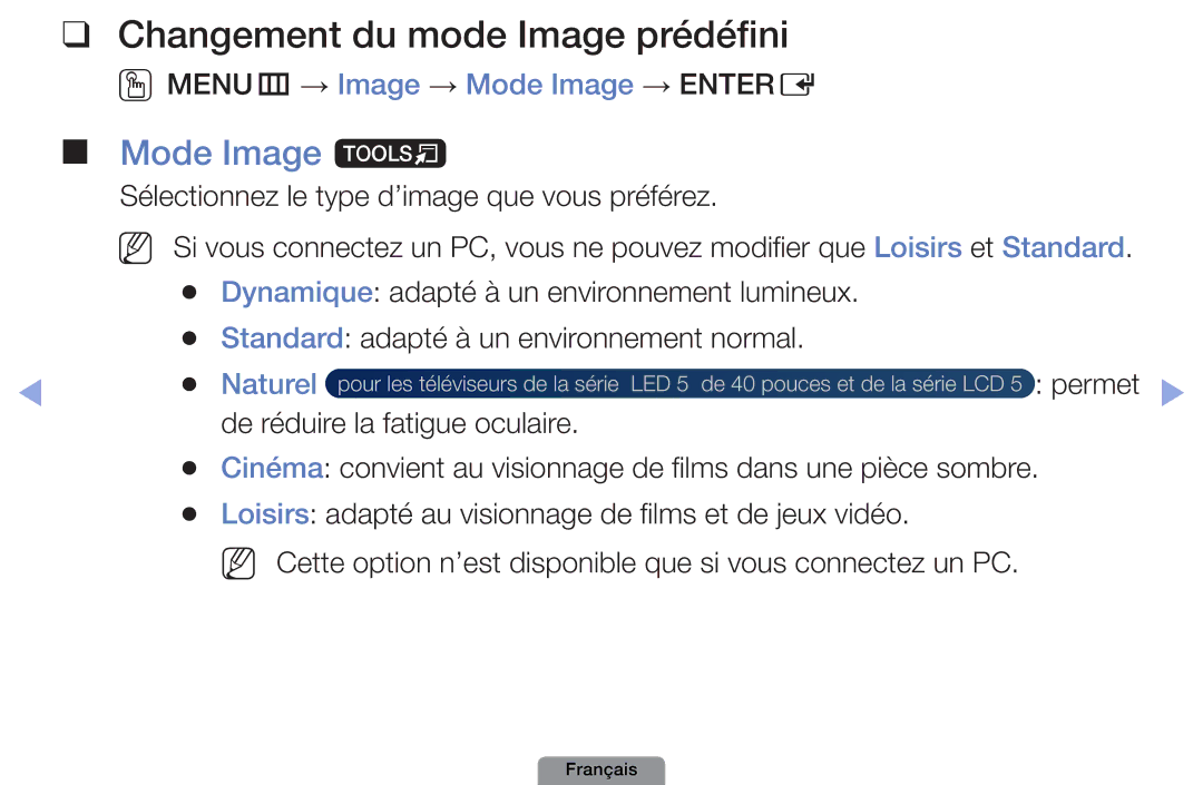 Samsung UE32D4003BWXZF Changement du mode Image prédéfini, Mode Image t, OOMENUm → Image → Mode Image → Entere, Naturel 