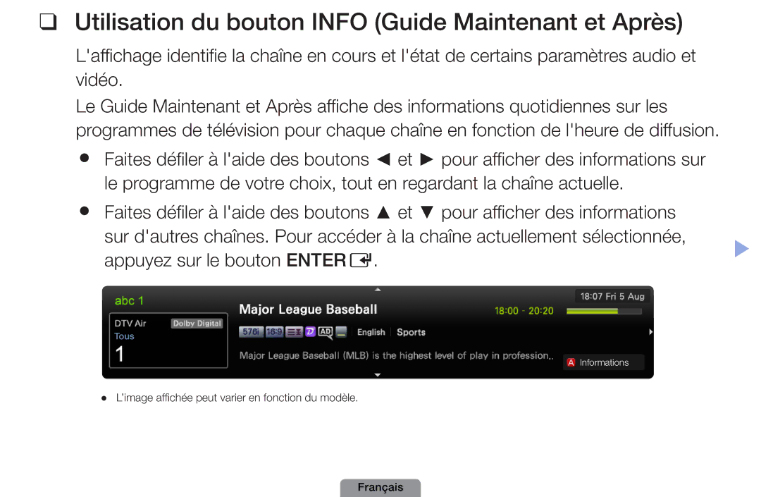 Samsung UE22D5003BWXZF, UE26D4003BWXXC, UE19D4003BWXZF, UE26D4003BWXZF Utilisation du bouton Info Guide Maintenant et Après 