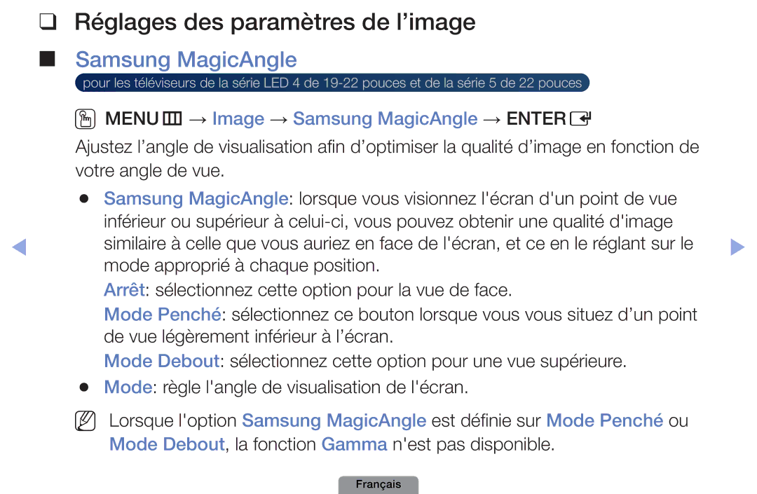 Samsung UE26D4003BWXXC, UE19D4003BWXZF, UE26D4003BWXZF manual Réglages des paramètres de l’image, Samsung MagicAngle 