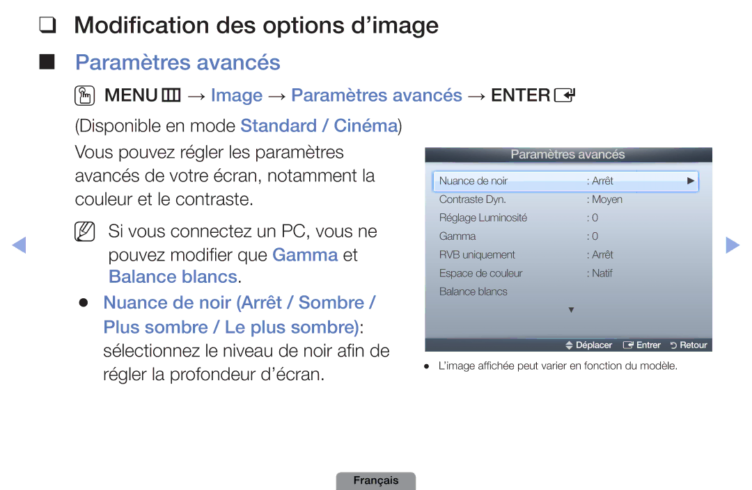 Samsung UE26D4003BWXXC, UE19D4003BWXZF Modification des options d’image, OOMENUm → Image → Paramètres avancés → Entere 