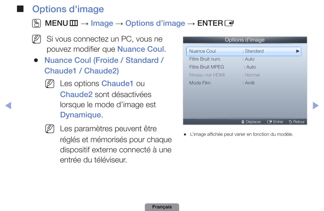 Samsung UE22D5003BWXZF, UE26D4003BWXXC manual Options dimage, OOMENUm → Image → Options d’image → Entere, Dynamique 