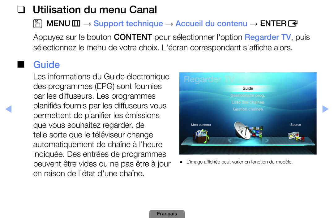 Samsung UE40D5003BWXZF manual Utilisation du menu Canal, Guide, OOMENUm → Support technique → Accueil du contenu → Entere 