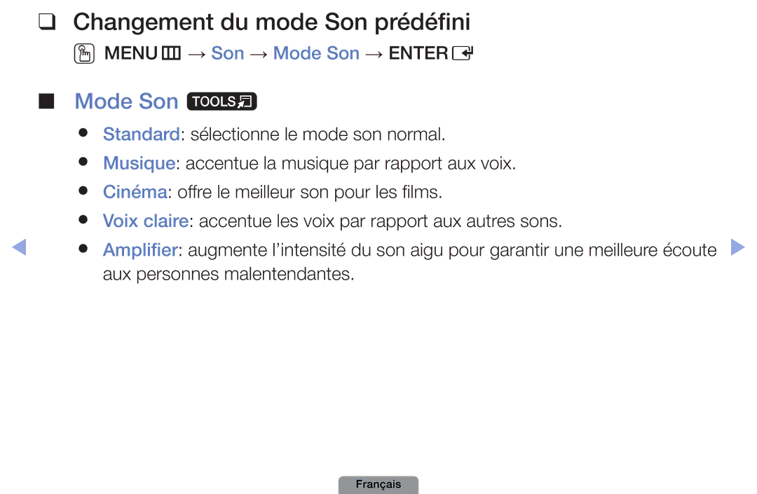 Samsung UE19D4003BWXZF, UE26D4003BWXXC, UE26D4003BWXZF, UE22D5003BWXZF manual Changement du mode Son prédéfini, Mode Son t 