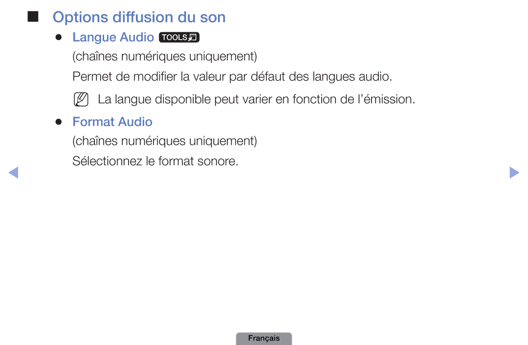 Samsung UE40D5003BWXZF, UE26D4003BWXXC, UE19D4003BWXZF manual Options diffusion du son, Langue Audio t, Format Audio 