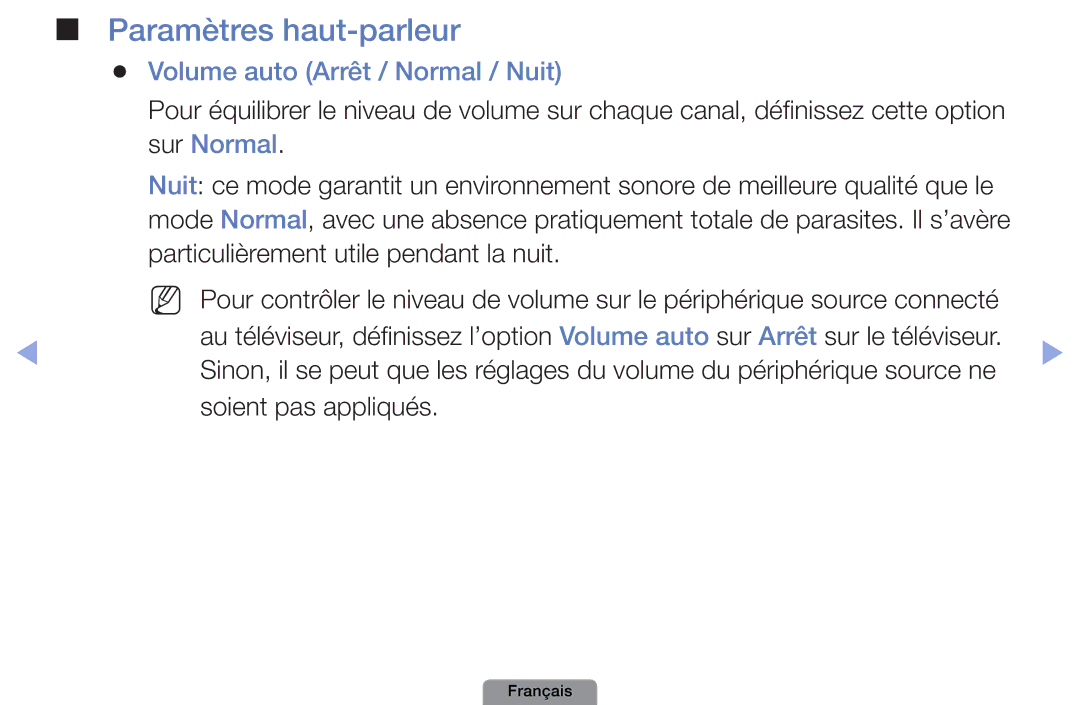 Samsung UE26D4003BWXZF, UE26D4003BWXXC manual Paramètres haut-parleur, Volume auto Arrêt / Normal / Nuit, Sur Normal 