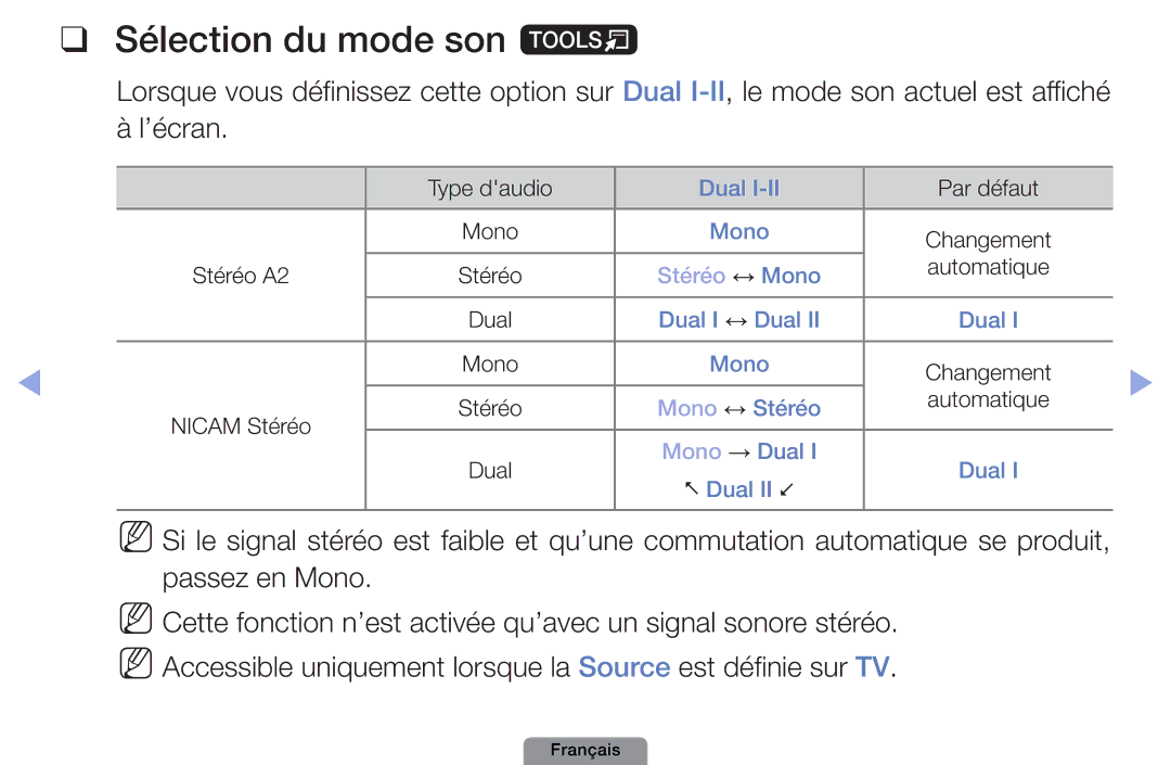 Samsung UE40D5003BWXZF, UE26D4003BWXXC, UE19D4003BWXZF, UE26D4003BWXZF, UE22D5003BWXZF Sélection du mode son t, Stéréo ↔ Mono 