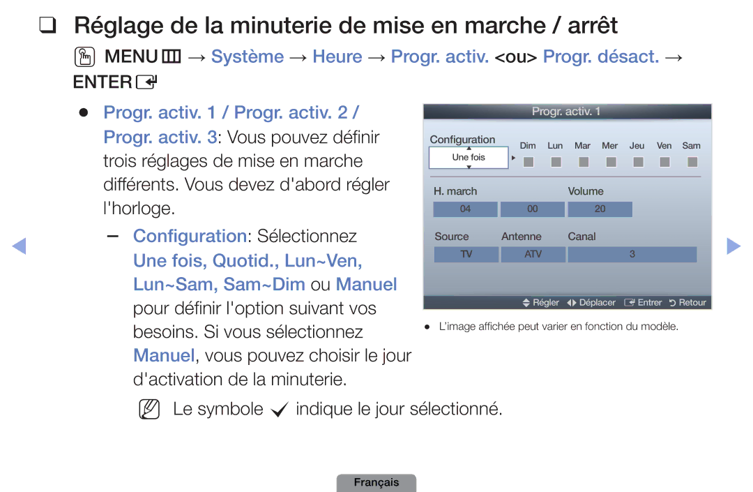 Samsung UE26D4003BWXZF, UE26D4003BWXXC manual Réglage de la minuterie de mise en marche / arrêt, Progr. activ / Progr. activ 