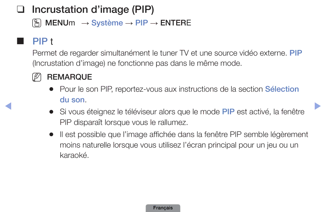 Samsung UE26D4003BWXZF, UE26D4003BWXXC, UE19D4003BWXZF, UE22D5003BWXZF manual Incrustation d’image PIP, PIP t, Du son 