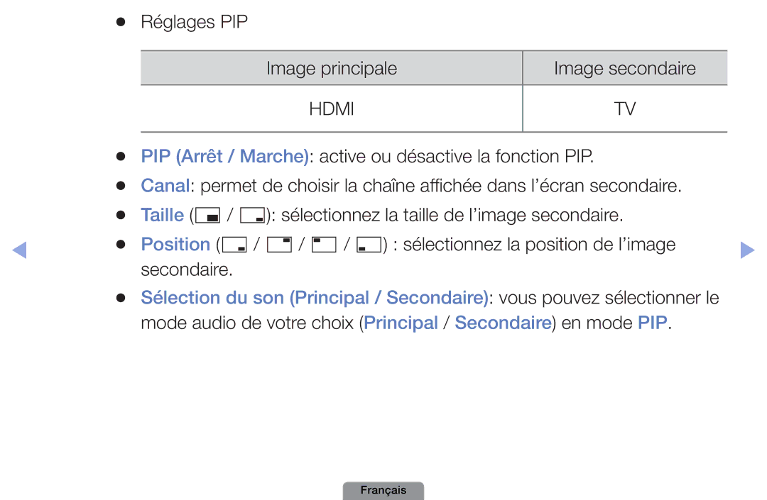 Samsung UE22D5003BWXZF, UE26D4003BWXXC, UE19D4003BWXZF, UE26D4003BWXZF, UE40D5003BWXZF, UE32D4003BWXZF manual Réglages PIP 