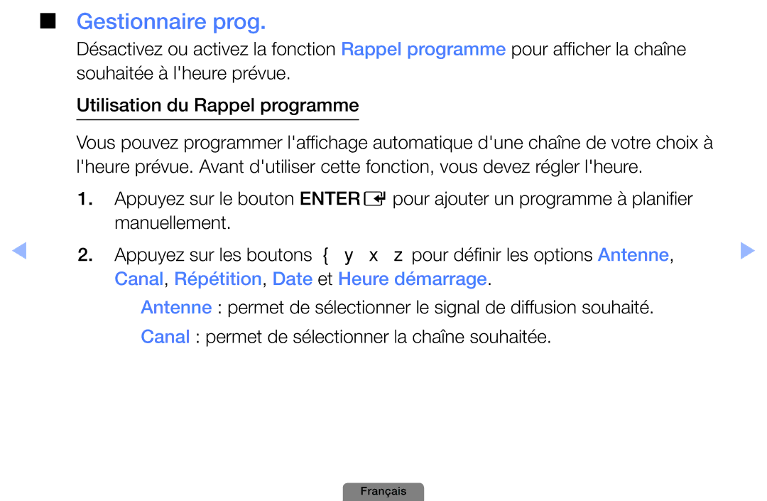Samsung UE19D4003BWXZF, UE26D4003BWXXC, UE26D4003BWXZF manual Gestionnaire prog, Canal, Répétition, Date et Heure démarrage 