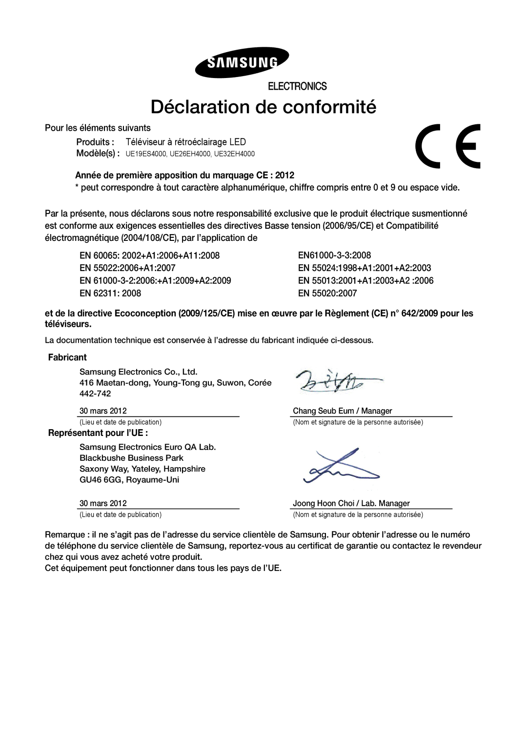 Samsung UE32EH4000WXZF manual Déclaration de conformité, Année de première apposition du marquage CE, Fabricant 