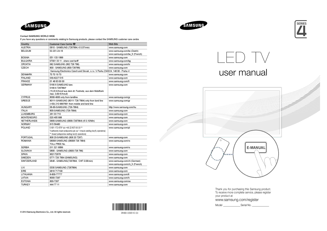 Samsung UE32EH4000WXZF manual Samsung 7267864, € 0.07/min, 02-201-24-18, 051 133, 07001 33 11 , share cost tariff, 261 03 