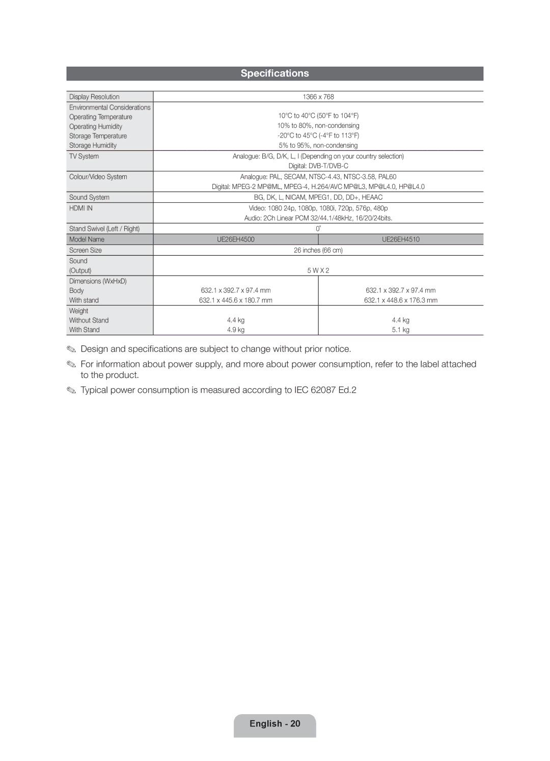 Samsung UE26EH4500WXZG, UE26EH4510WXZF, UE26EH4500WXZF, UE26EH4500WXXH, UE26EH4510WXXH manual Specifications 