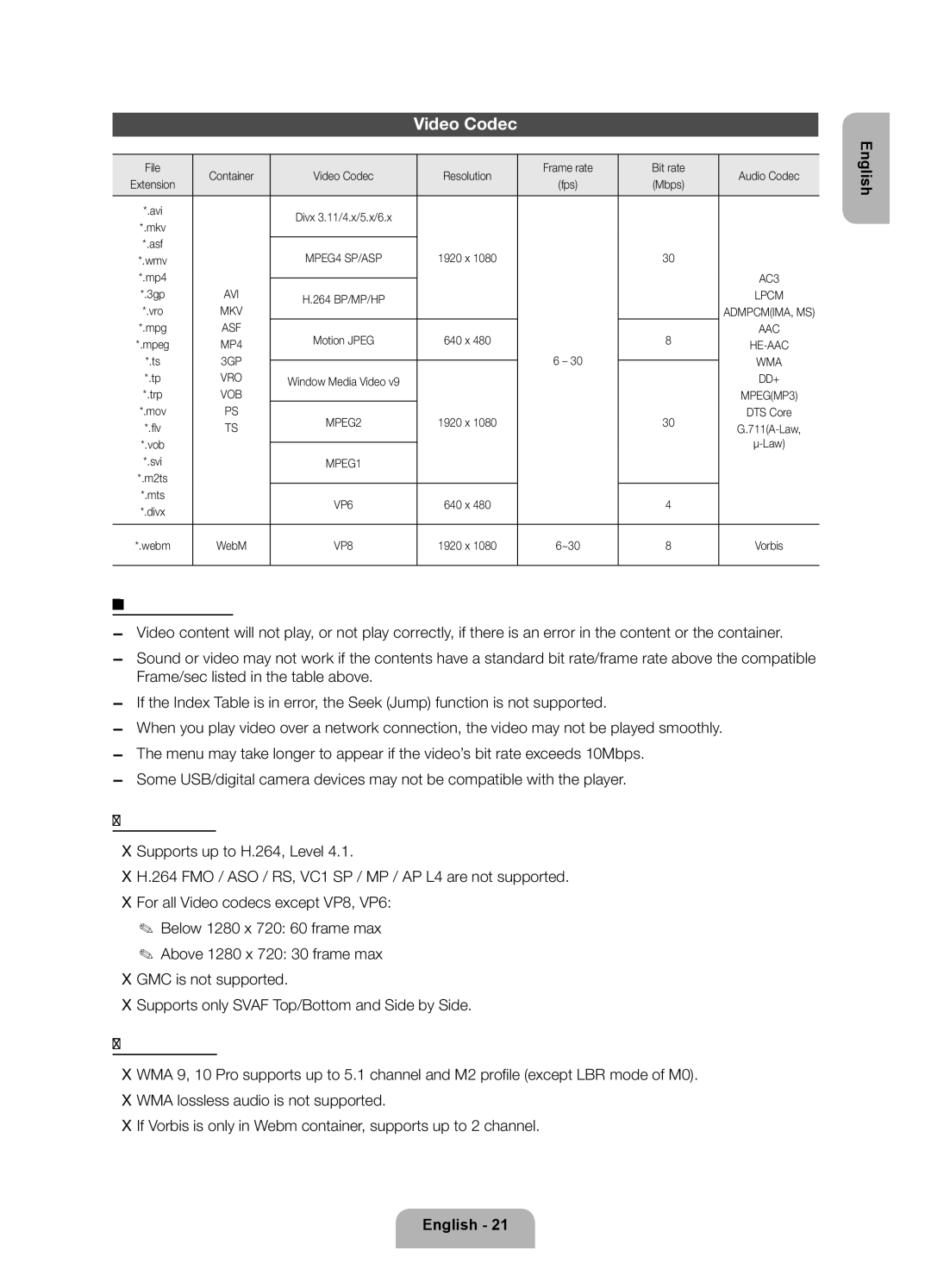 Samsung UE26EH4510WXZF, UE26EH4500WXZG, UE26EH4500WXZF, UE26EH4500WXXH, UE26EH4510WXXH manual Video Codec 