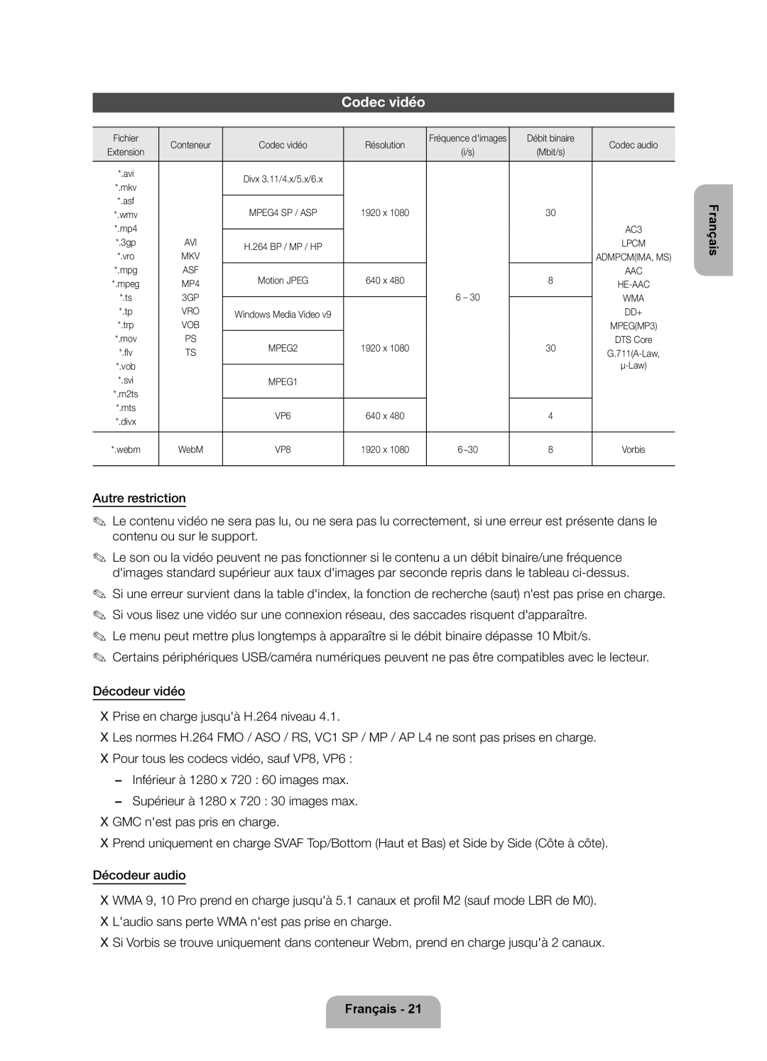 Samsung UE26EH4500WXXH, UE26EH4500WXZG manual Fichier Conteneur Codec vidéo Résolution, Débit binaire Codec audio 