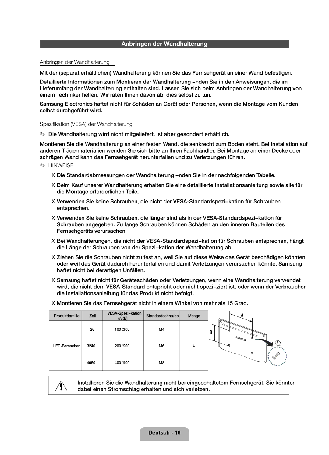 Samsung UE26EH4500WXZG manual Anbringen der Wandhalterung, Produktfamilie, Menge, LED-Fernseher 32~40 200 X 46~50 400 X 
