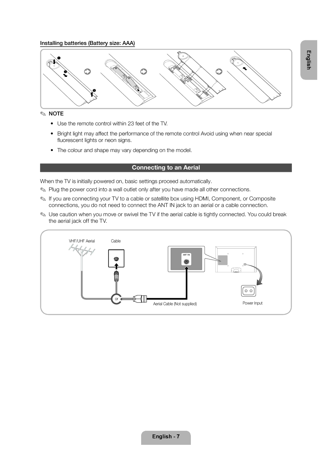 Samsung UE26EH4500WXZF, UE26EH4500WXZG, UE26EH4510WXZF Connecting to an Aerial, VHF/UHF Aerial, Aerial Cable Not supplied 