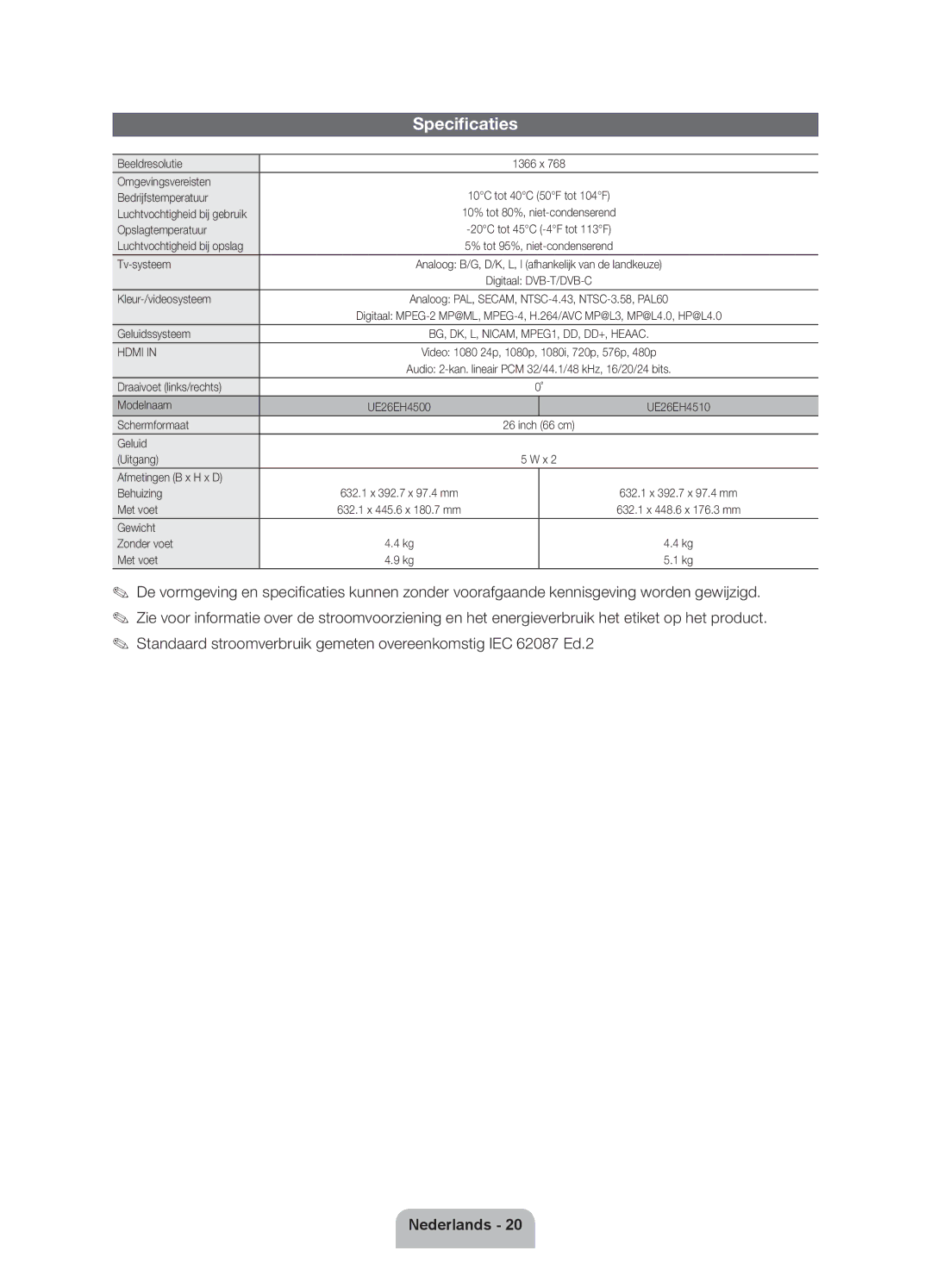 Samsung UE26EH4510WXZF, UE26EH4500WXZG, UE26EH4500WXZF, UE26EH4500WXXH, UE26EH4510WXXH manual Specificaties 