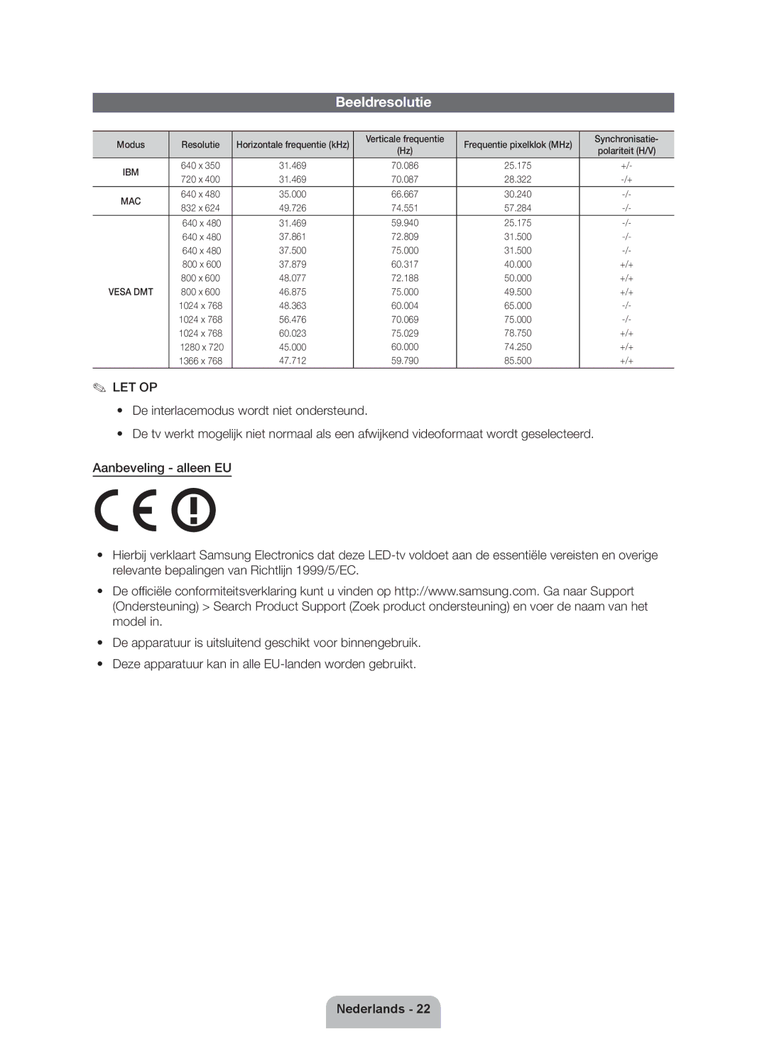 Samsung UE26EH4500WXXH, UE26EH4500WXZG, UE26EH4510WXZF, UE26EH4500WXZF, UE26EH4510WXXH manual Beeldresolutie 