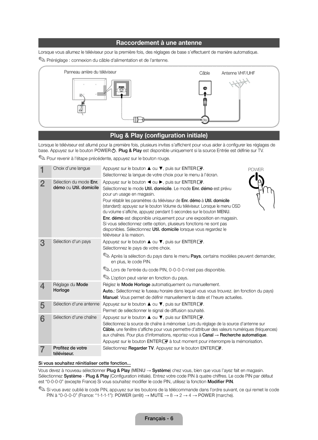 Samsung UE22D5010NWXZF, UE27D5010NWXXC, UE27D5000NWXZF manual Raccordement à une antenne, Plug & Play configuration initiale 