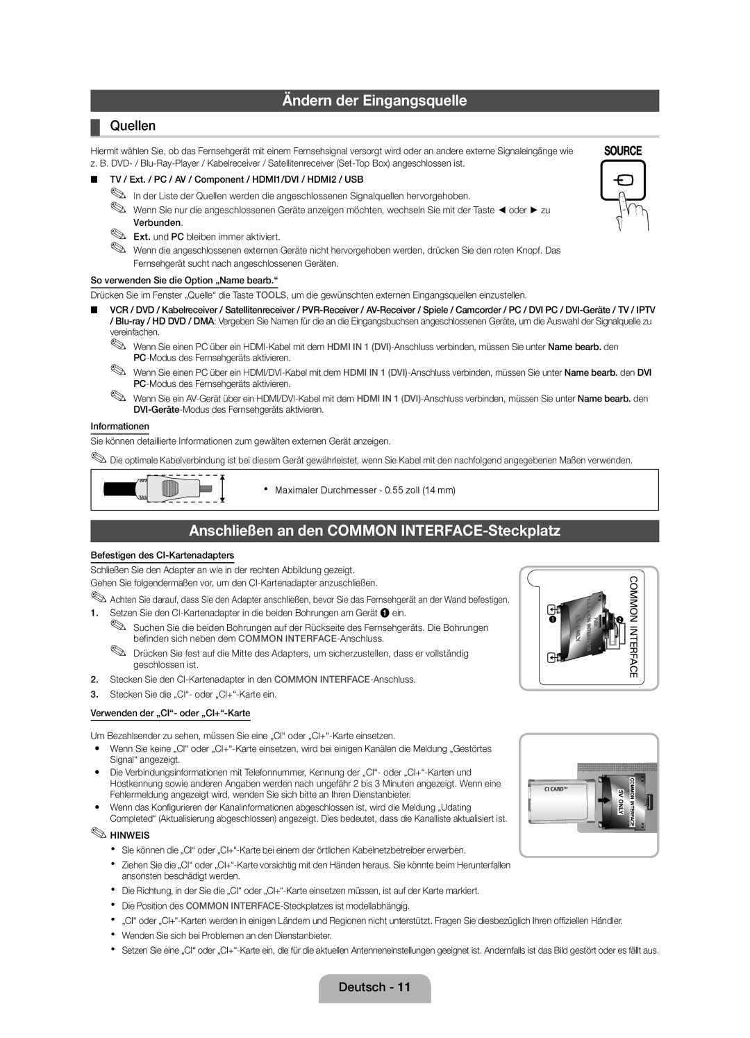 Samsung UE27D5000NWXZF, UE27D5010NWXXC Ändern der Eingangsquelle, Anschließen an den Common INTERFACE-Steckplatz, Quellen 