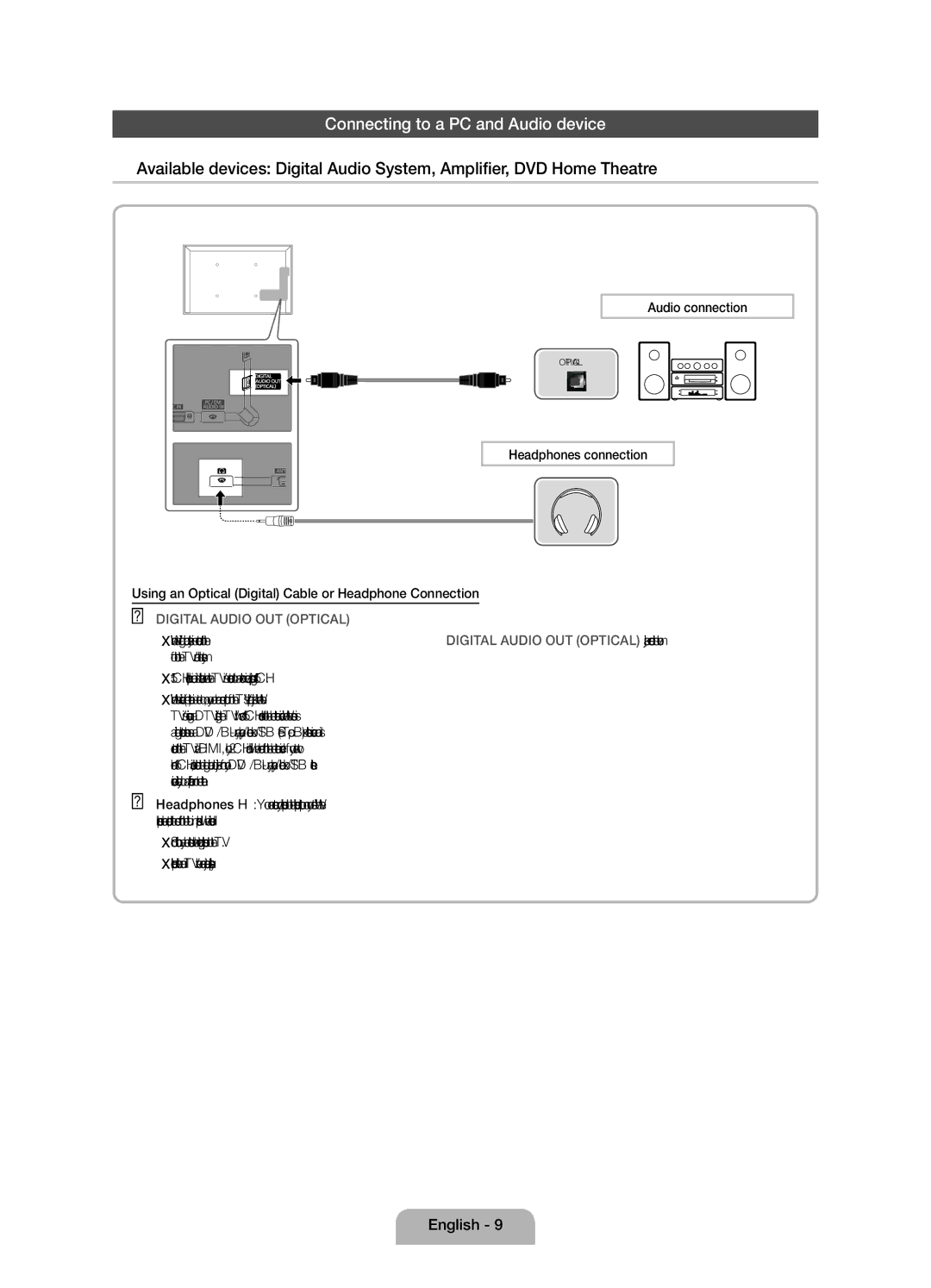 Samsung UE27D5010NWXZF, UE27D5010NWXXC, UE27D5000NWXZF, UE22D5000NWXZF Connecting to a PC and Audio device, Audio connection 