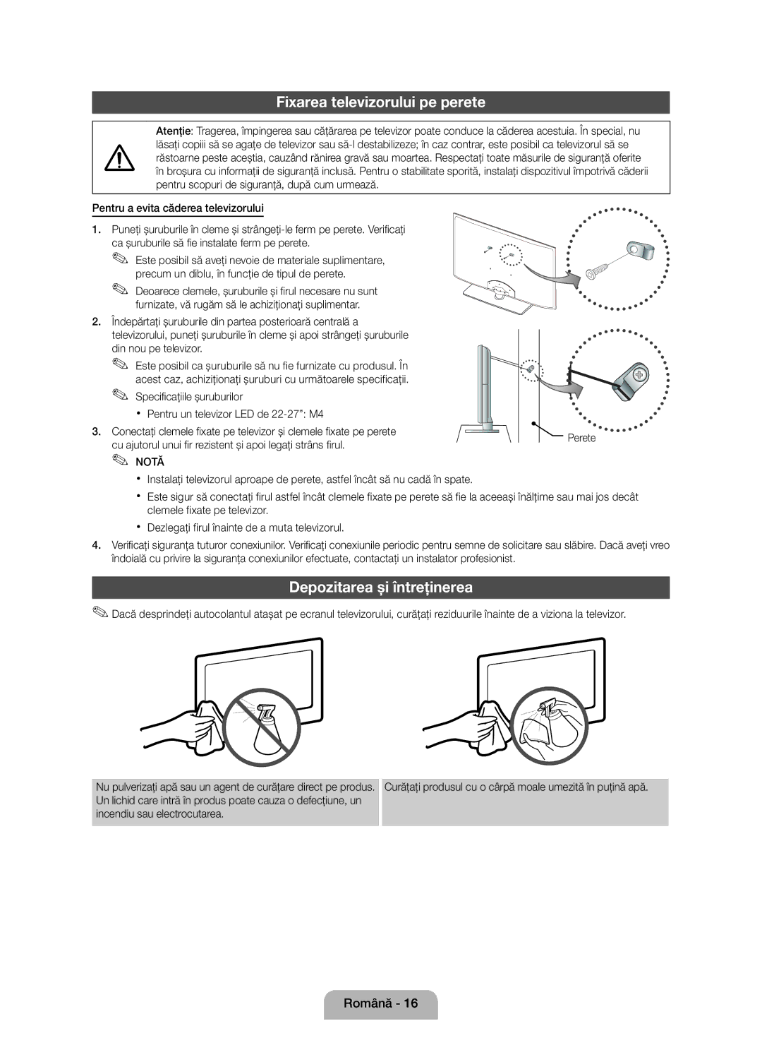 Samsung UE27D5010NWXBT, UE27D5010NWXZG, UE22D5010NWXZG manual Fixarea televizorului pe perete, Depozitarea şi întreţinerea 