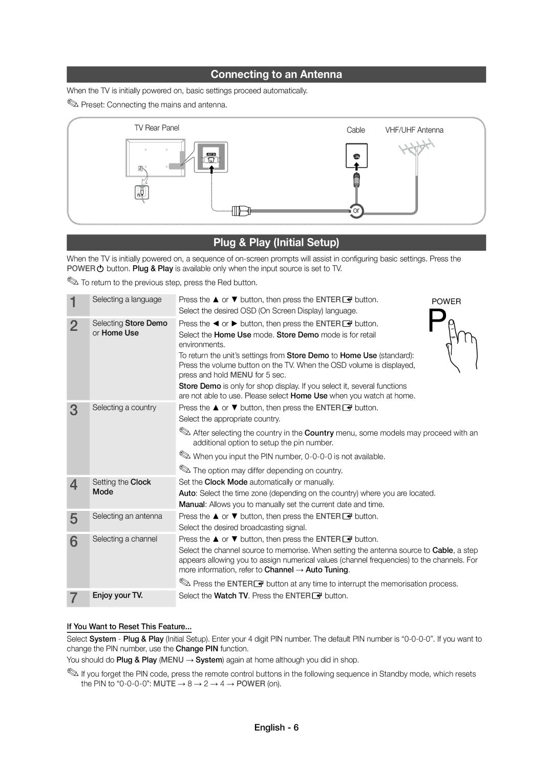 Samsung UE27D5000NWXBT, UE27D5010NWXZG, UE22D5010NWXZG Connecting to an Antenna, Plug & Play Initial Setup, Or Home Use 