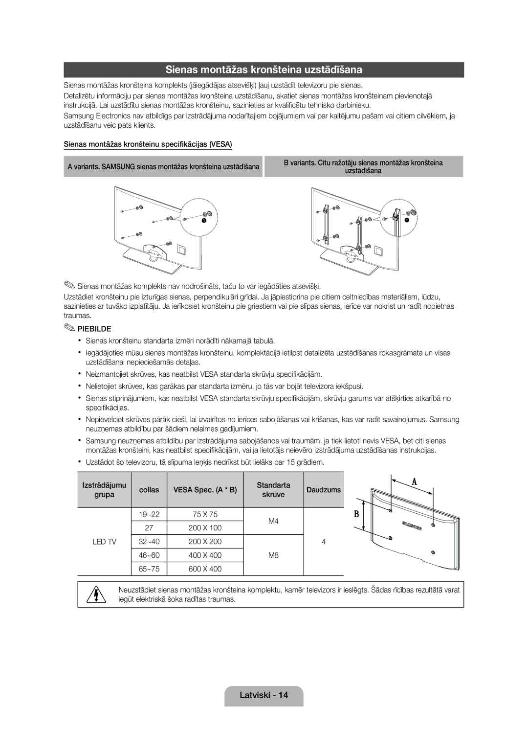 Samsung UE27D5010NWXBT, UE27D5010NWXZG, UE22D5010NWXZG manual Sienas montāžas kronšteina uzstādīšana, 19~22 75 X 200 X 