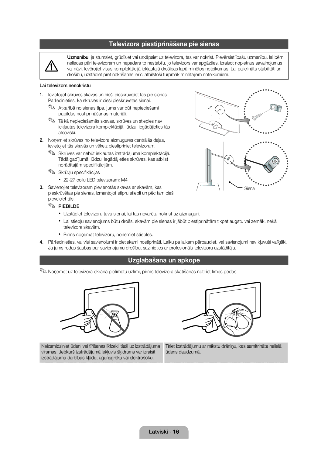 Samsung UE27D5010NWXZG, UE22D5010NWXZG manual Televizora piestiprināšana pie sienas, Uzglabāšana un apkope, Pievelciet tās 