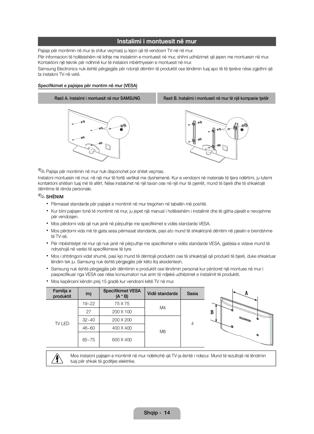 Samsung UE27D5010NWXZG, UE22D5010NWXZG, UE22D5000NWXXC, UE22D5010NWXXC manual Instalimi i montuesit në mur, 19~22 75 X 200 X 