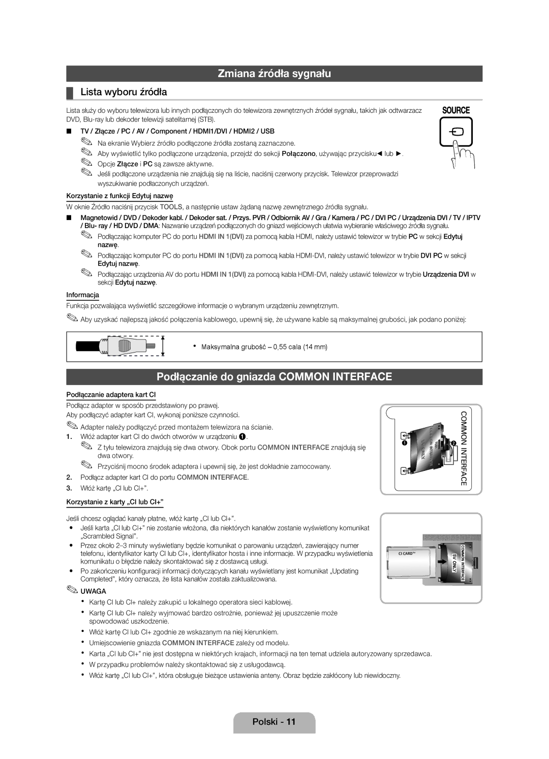 Samsung UE27D5010NWXZG, UE22D5010NWXZG Zmiana źródła sygnału, Podłączanie do gniazda Common Interface, Lista wyboru źródła 