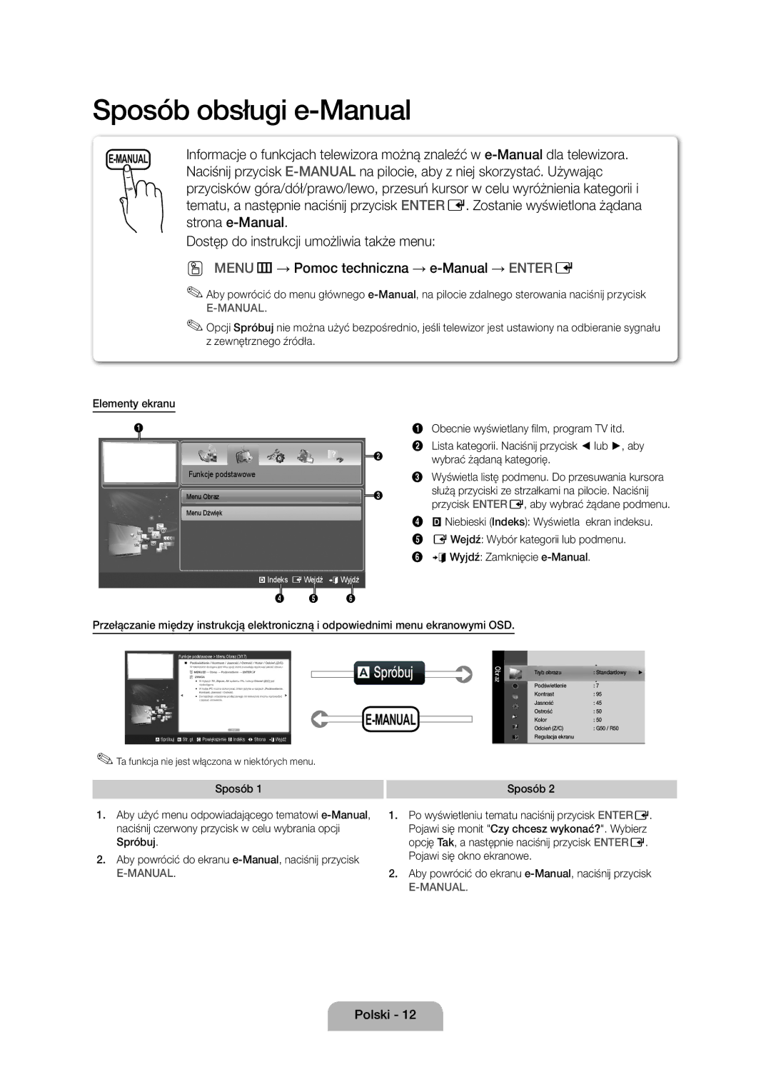 Samsung UE22D5010NWXZG, UE27D5010NWXZG, UE22D5000NWXXC manual Strona e-Manual, Ta funkcja nie jest włączona w niektórych menu 